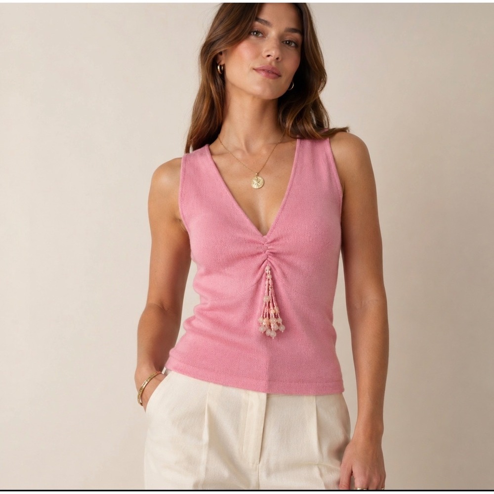 Naeem Khan Pink Superfine Cashmere Embellished Sleeveless Knit Top‎ Size Lg READ